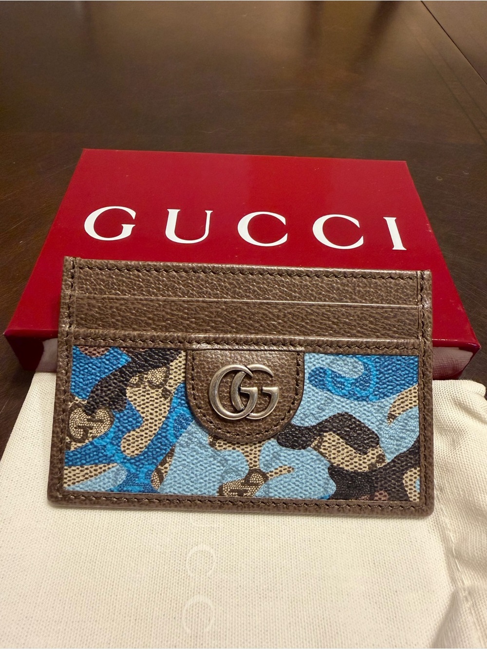 New Authentic Gucci GG Supreme Logo Card Case Wallet Brown Blue Leather